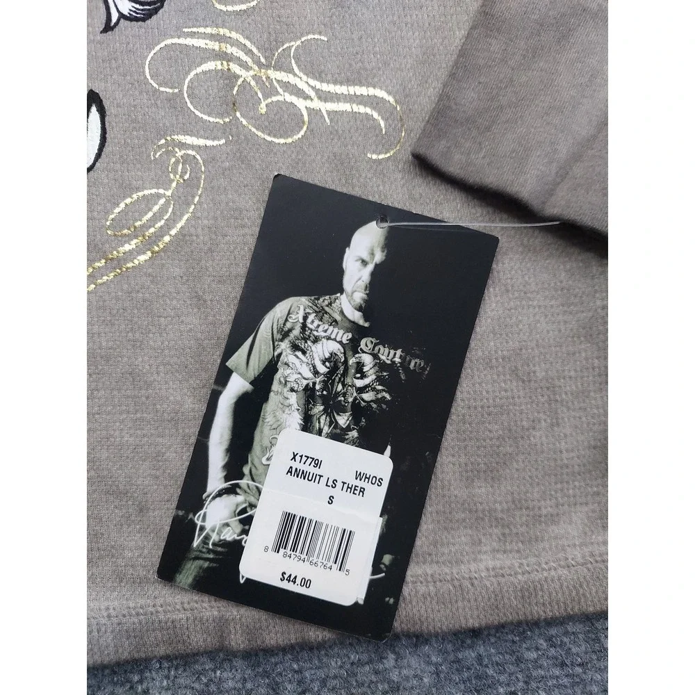 Affliction Xtreme Couture Shirt Men Small‎ Brown Thermal Long Sleeve Skull Cross